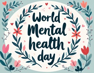 Obraz premium World Mental Health Day card surrounded by floral wreath. Flower composition with leaves on light background. Awareness concept, mental wellness support and care for psychology. Great design element.