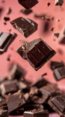 Chocolate Bar Falling and Flying in Mid Air on Pink Background