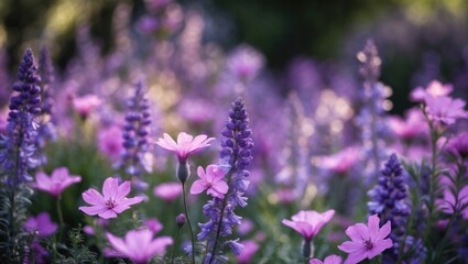 Vibrant purple and pink flower garden with a dreamy defocused background creating a serene nature scene ideal for floral design themes.