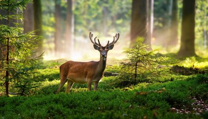 Deer Roaming Peacefully in a Lush Green Forest Tranquil Moment Captured at Twilight, Showcasing the Majesty of Natures Palette