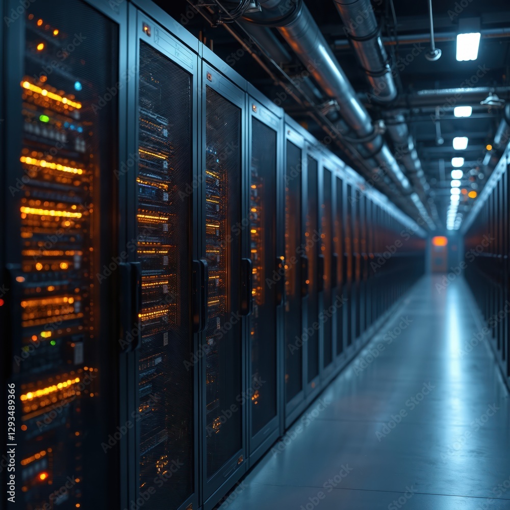 Poster dark data center features rows of computer servers with blinking lights, cables. digital network tec
