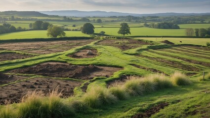 Pastureland Restoration Techniques in Agricultural Landscape with Scenic Green Fields and Soil Preparation for Sustainable Farming Practices