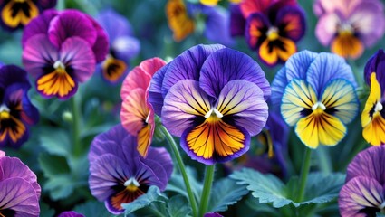 Colorful Viola Flowers in Bloom Capturing Nature's Beauty with Vibrant Shades of Purple Yellow and Pink in a Lush Garden Setting