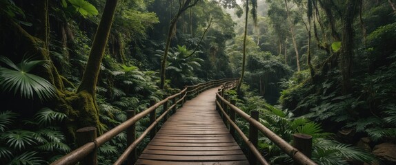 Walking Path Through Lush Green Rainforest Surrounded By Tropical Foliage and Trees Ideal for Nature Themes and Inspirational Text