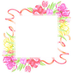 Hand drawn watercolor colorful tulips with green leaves and red ribbons frame border isolated on white background. Can be used for postcard, invitation, scrapbook and other printed products.