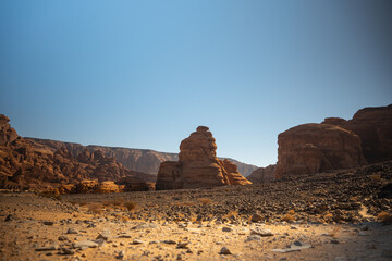 Scenic view of desert against clear blue sky, A beautiful Landscape from Al Ula, Saudi Arabia 