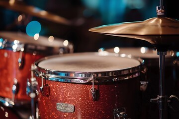Naklejka premium Atmospheric background of musical instrument, Close-up with light bokeh detail , Drums jazz