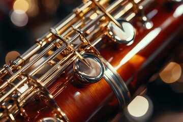 Fototapeta premium Atmospheric background of musical instrument, Close-up with light bokeh detail, Bassoon