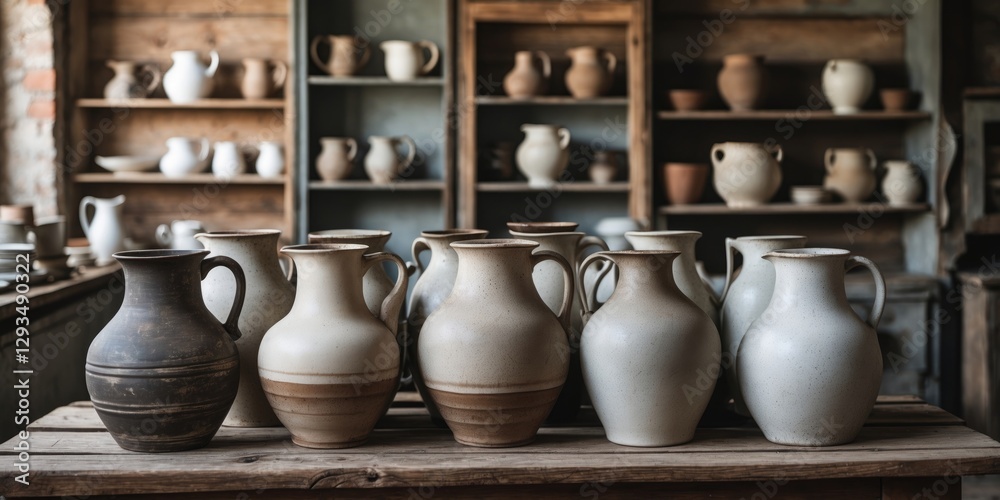 Poster Rustic Ceramic Jugs Displayed on a Wooden Table with Empty Space for Text in an Artisan Workshop Environment