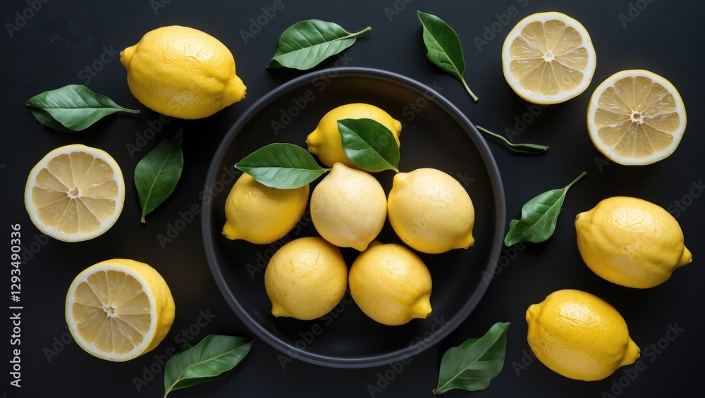 Poster Fresh Lemons with Green Leaves on Black Background Creative Styling with Empty Space for Text or Branding