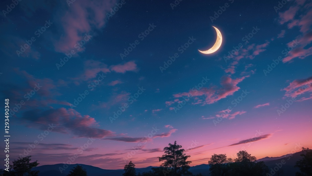 Aufkleber tranquil twilight sky with crescent moon and colorful clouds at dusk over serene landscape
