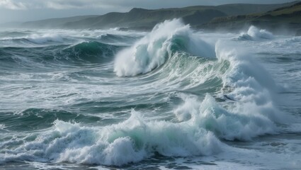 Fototapeta premium Dynamic ocean waves crashing on rocky shoreline under dramatic sky, showcasing power and beauty of nature's elements in motion.