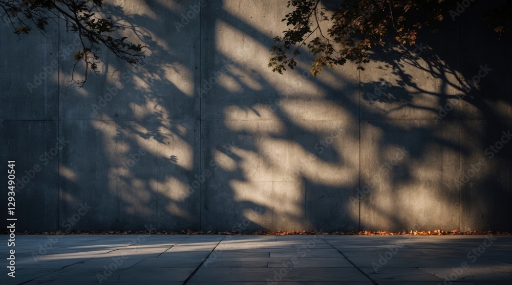 Aufkleber Shadows of trees and leaves on a concrete wall at dusk creating a tranquil yet eerie atmosphere with ample copy space for text.