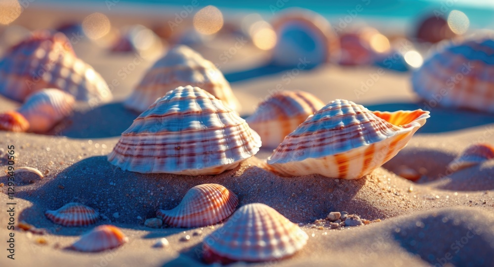 Poster colorful seashells scattered on sandy beach with sunlight reflections creating a serene coastal atmo