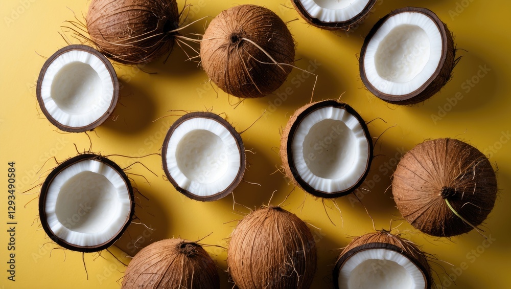 Poster Coconuts displayed on a vibrant yellow background showcasing their natural texture and inside detail for an appealing tropical aesthetic.