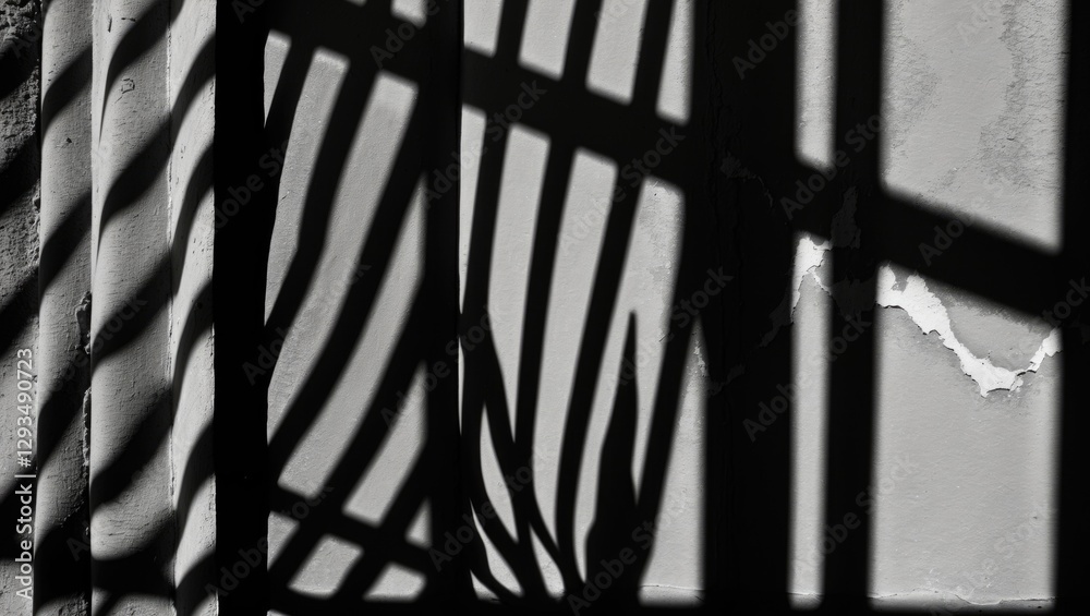 Aufkleber Intricate shadows and patterns cast on a textured wall in monochrome showcasing light play and abstract design elements
