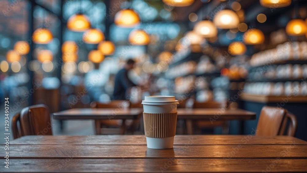 Aufkleber Cozy coffee shop setting with out of focus background and an empty wooden table ideal for product display or promotional content.