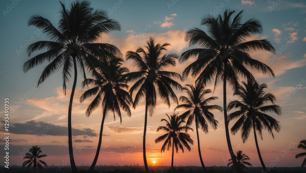 Poster silhouette of coconut trees against a vibrant sunset sky with space for text for tropical and relaxa