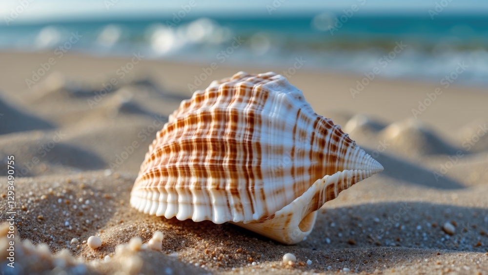 Poster Seashell Resting on Soft Sand with Gentle Waves in the Background During a Bright Sunny Day at the Beach