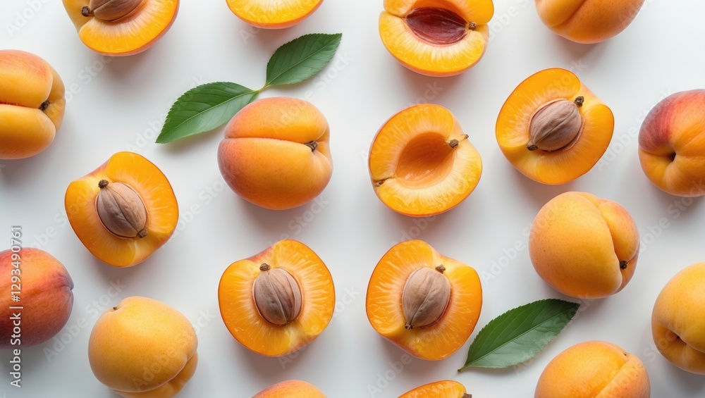 Poster fresh apricots halved and whole varieties displayed on white background with green leaves for vibran