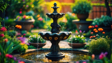 Elegant Ornamental Fountain Surrounded by Colorful Blossoms in a Lush Garden Setting