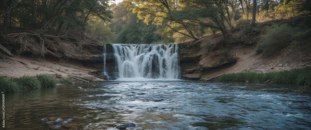 Aufkleber serene small river waterfall surrounded by lush greenery with tranquil waters and space for text ove