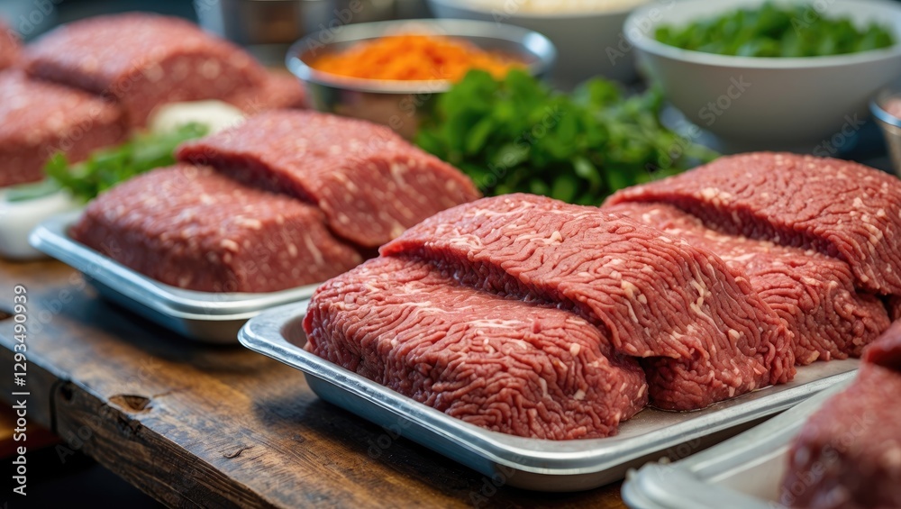 Poster fresh raw ground beef displayed on a wooden table with ingredients in the background for culinary pr
