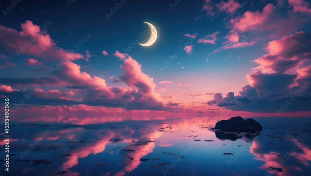 Poster serene twilight scene with crescent moon and reflective waters under starry sky