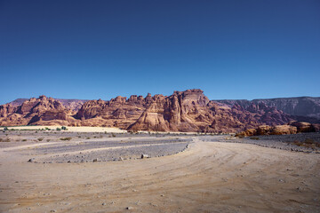 Scenic view of desert against clear blue sky, A beautiful Landscape from Al Ula, Saudi Arabia 