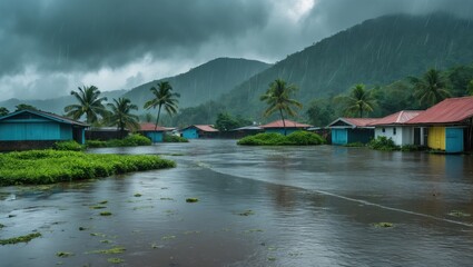 Tropical Island Landscape During Rainy Day with Reflection in Water and Lush Greenery Ideal for Nature and Travel Themes