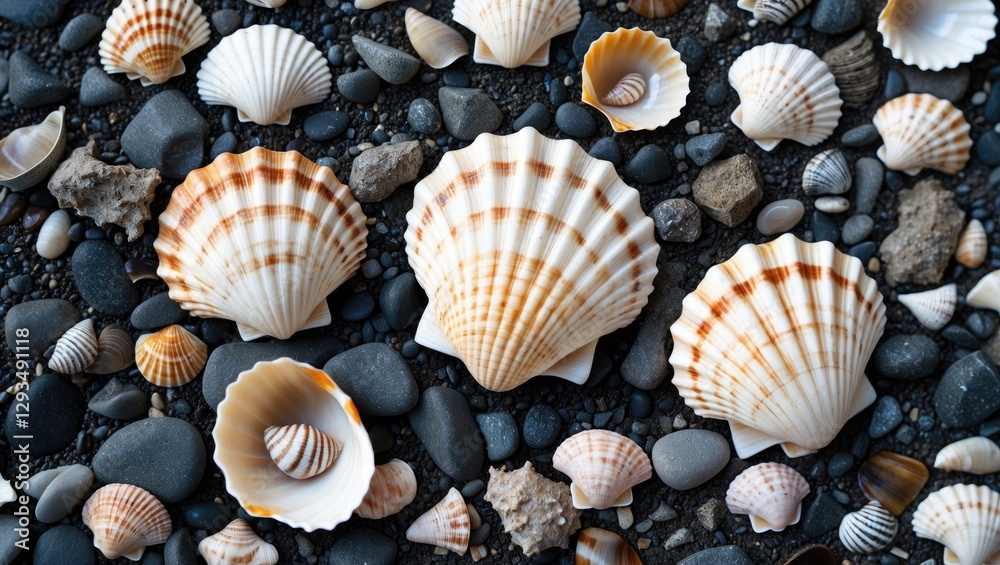 Poster coastal treasures scattered on dark gravel showcasing colorful seashells and smooth pebbles in a har