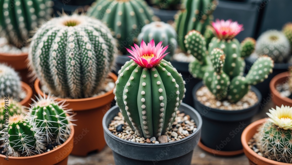 Poster Vibrant Collection of Cacti Displaying Unique Shapes and Colors in a Small Pot Arrangement
