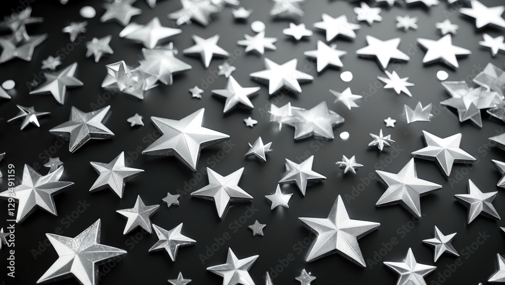 Poster Scattered silver and white stars against a sleek black background creating a dynamic festive atmosphere for creative designs