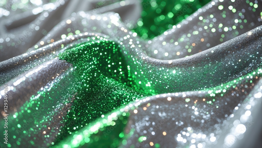 Poster Glittering silver and green fabric texture with shimmering highlights and sparkling details creating an elegant festive background.