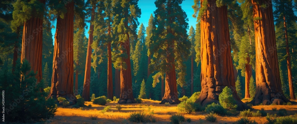Poster Majestic sequoia trees standing tall in a serene forest setting with sunlight filtering through the greenery and highlighting the bark textures