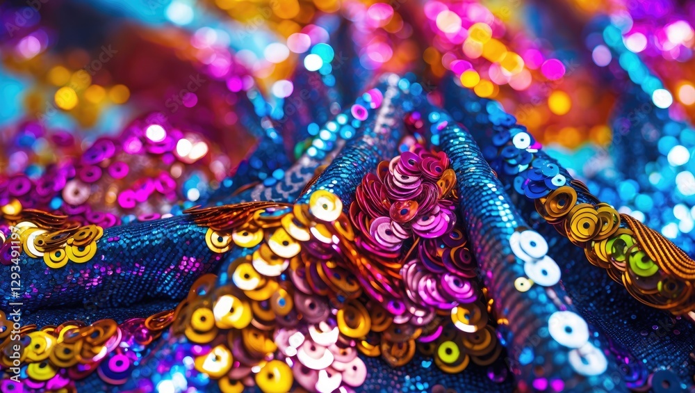 Poster Colorful sequin fabric close-up macro shot creating an abstract shimmering background perfect for fashion and festive designs.