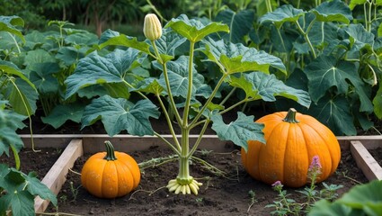 Pumpkin Plant Flourishing in Garden Bed Surrounded by Lush Leaves, Mature Pumpkins, and a Delicate Pumpkin Blossom
