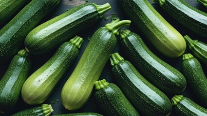Fresh green zucchini vegetables arranged in a flat lay style ideal for culinary backgrounds or recipe presentations in food photography.