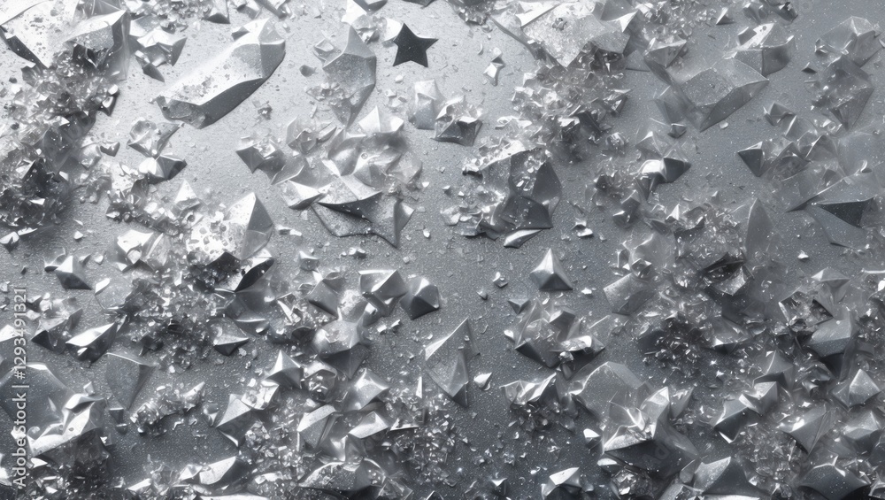 Poster Shimmering silver glitter texture background with various facets and star shapes creating a sparkling effect for design purposes.