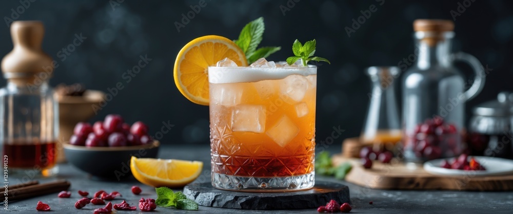Poster refreshing cocktail with citrus garnish and ice set against dark background ideal for beverage promo