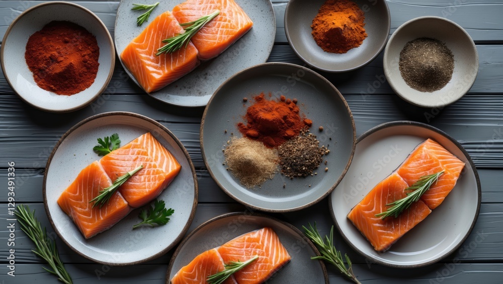 Aufkleber Salmon Steaks with Spices on Plates Arranged on Gray Wooden Table with Empty Space for Culinary Creativity and Text