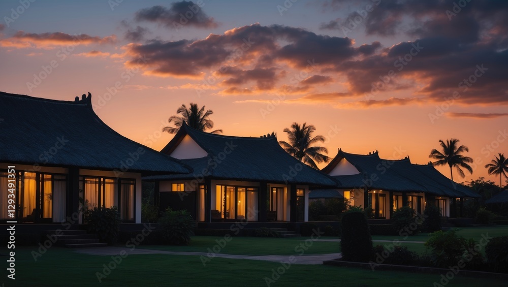Poster bungalows silhouetted against twilight sky with lush landscape and palm trees in a serene evening se