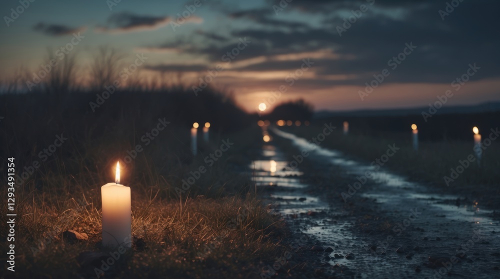 Poster Candlelit path leading into the distance during sunset with reflections on wet ground creating a serene and contemplative atmosphere.