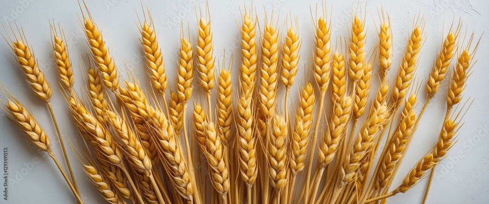 Aufkleber Golden Wheat Ears Against White Background Closeup Capture of Dry Cereals Spikelets with Space for Text and Design Elements