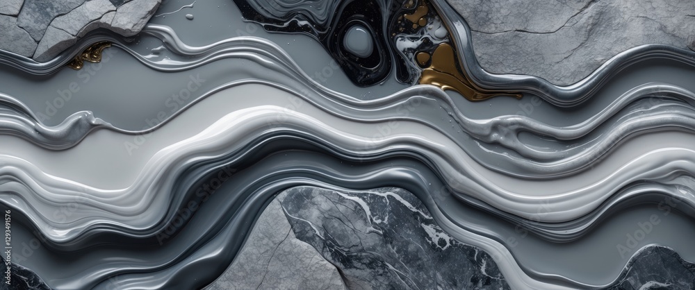 Aufkleber Abstract fluid art design featuring gray and silver colors with liquid marble effects and smooth wavy patterns in a luxurious watercolor style.