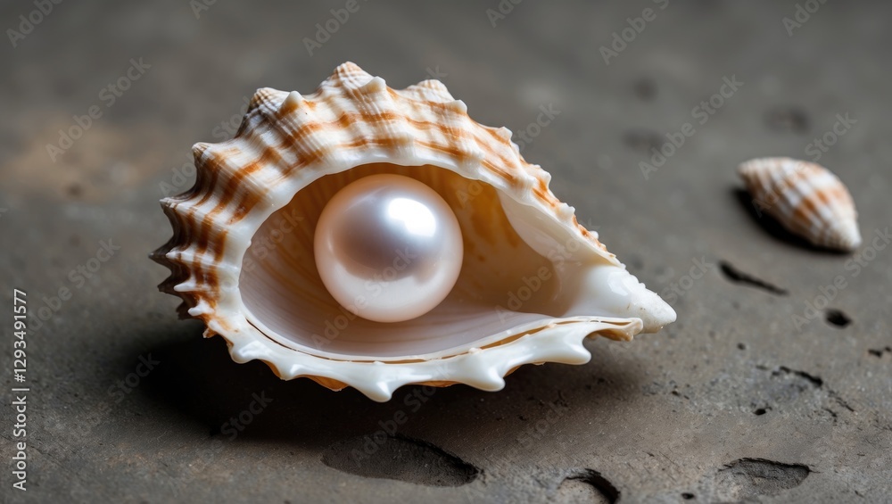 Aufkleber Elegant Seashell with a Shimmering Pearl Nestled Inside on Rustic Background Ideal for Text Placement and Coastal Themes