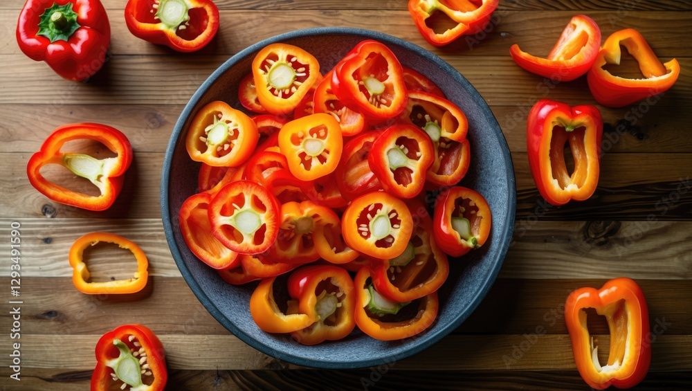 Poster vibrant sliced sweet peppers arranged in a bowl on a rustic wooden table with extra pieces scattered