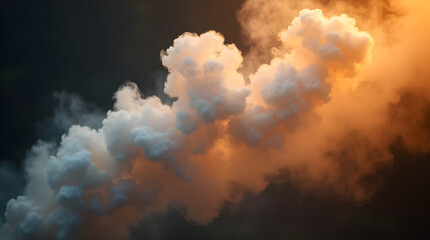 A thick plume of smoke or steam billows from an industrial chimney, illuminated by warm golden light. The contrast between the dark background and the glowing cloud creates a dramatic effect.