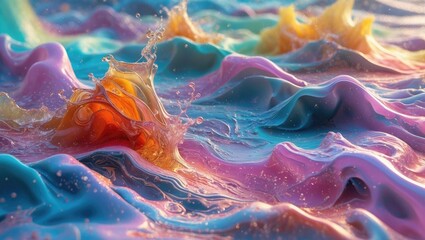 Naklejka premium Translucent hues and swirling metallic textures create a dynamic landscape in this abstract fluid art piece showcasing alcohol ink techniques.