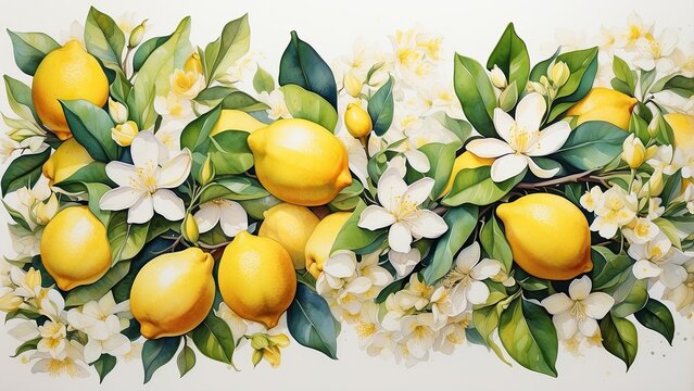 A colorful graphic featuring a collection of watercolor illustrations centered around lemons and flowers.